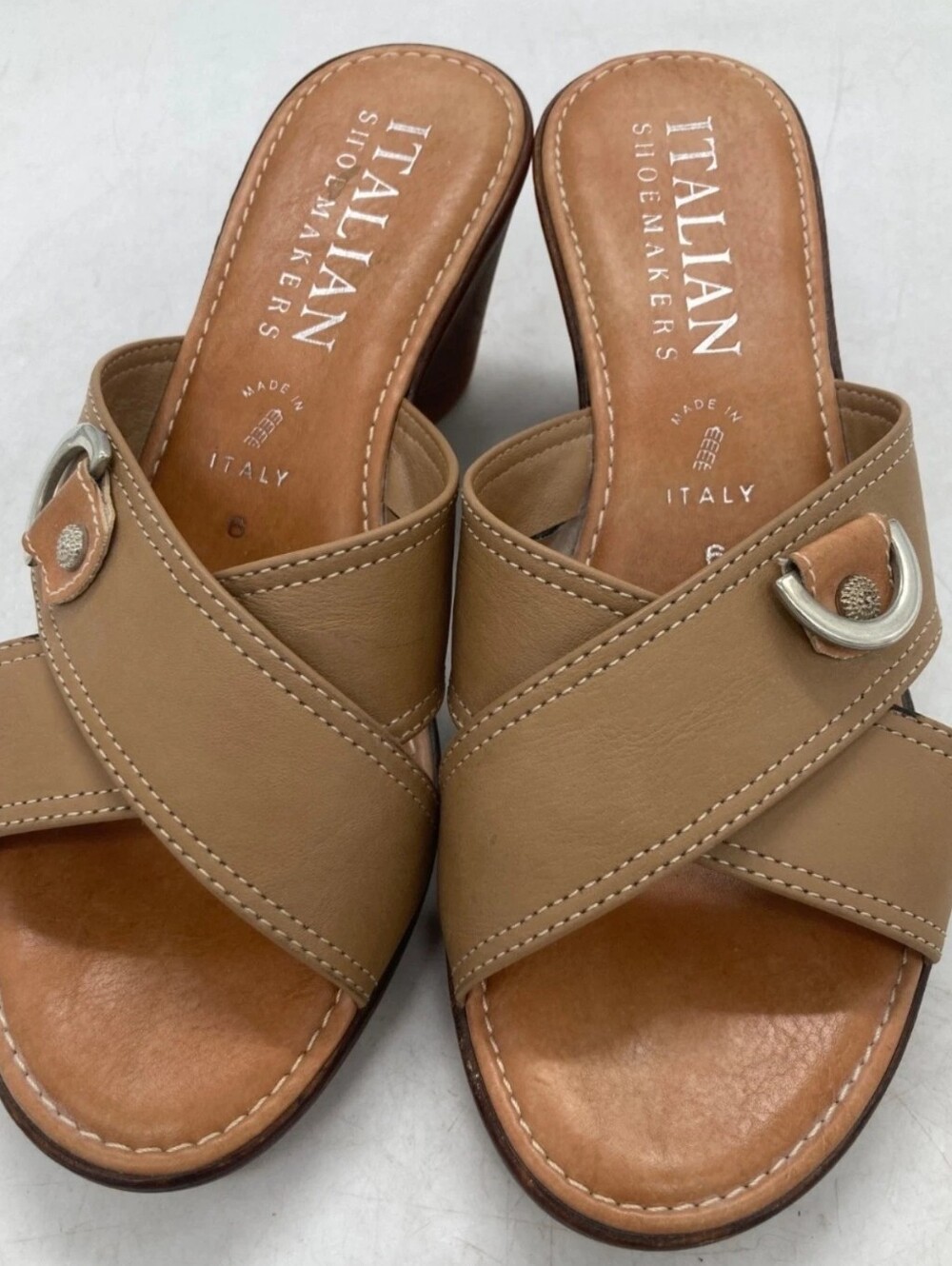 Italian Shoemakers Womens Tan Leather Wedge Sandals Size 6 Made In Italy